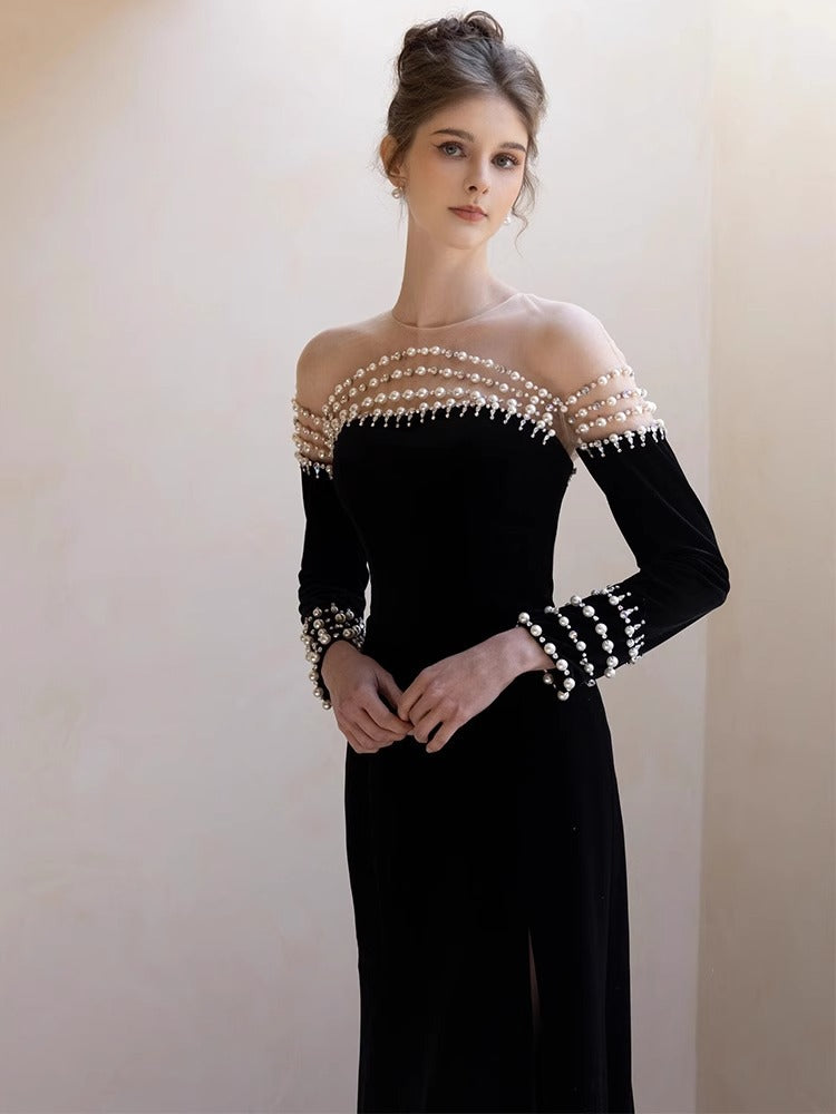 French Style Hepburn Wind Black Evening Dress 2024 New Long-Sleeved Pearl off-Shoulder Fishtail Costume