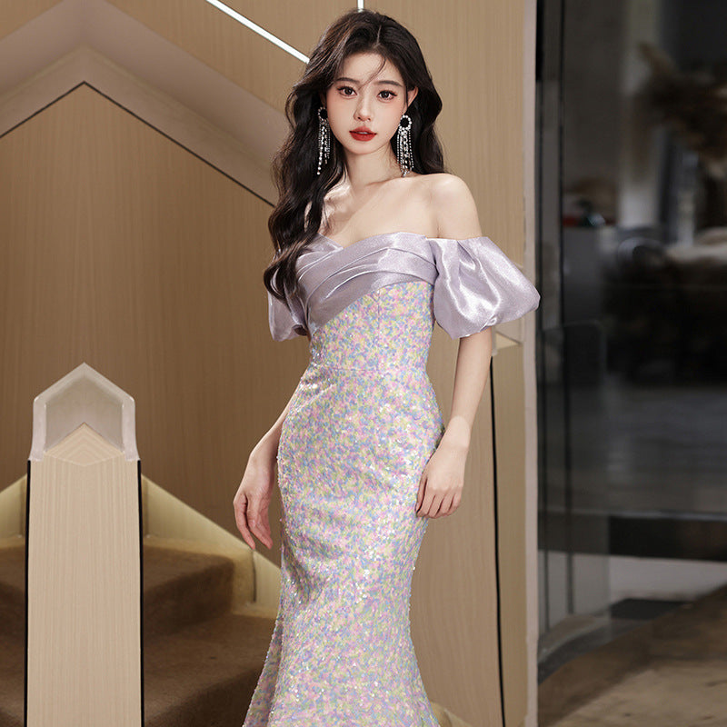 off-Shoulder Evening Dress for Women 2024 New Autumn Light Luxury Minority High-End Ladies Annual Meeting Host Banquet Dress