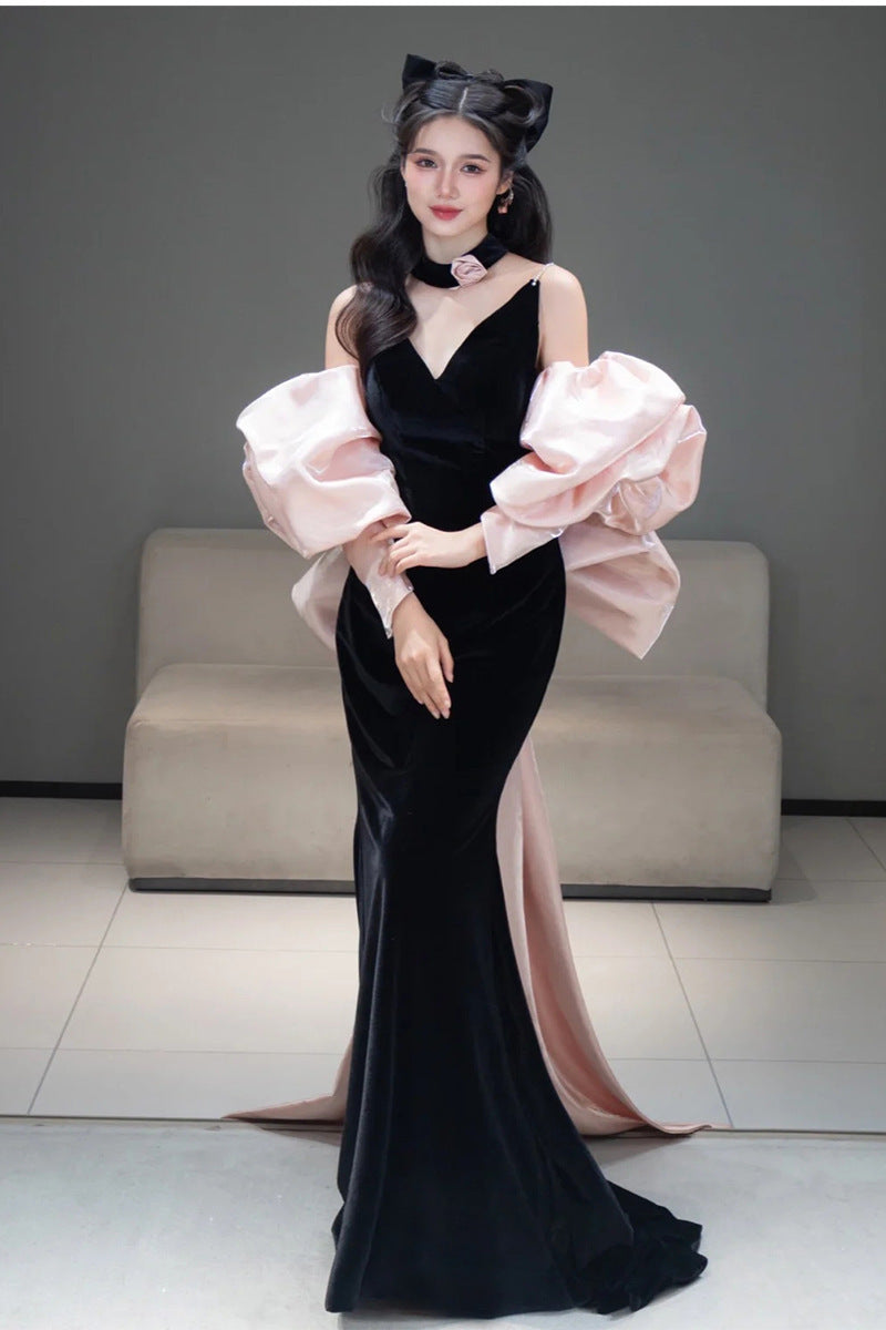 Black Evening Dress Women's High-Grade Bride Toasting Party Dress 2024 New Light Luxury Velvet Host Fishtail Dress