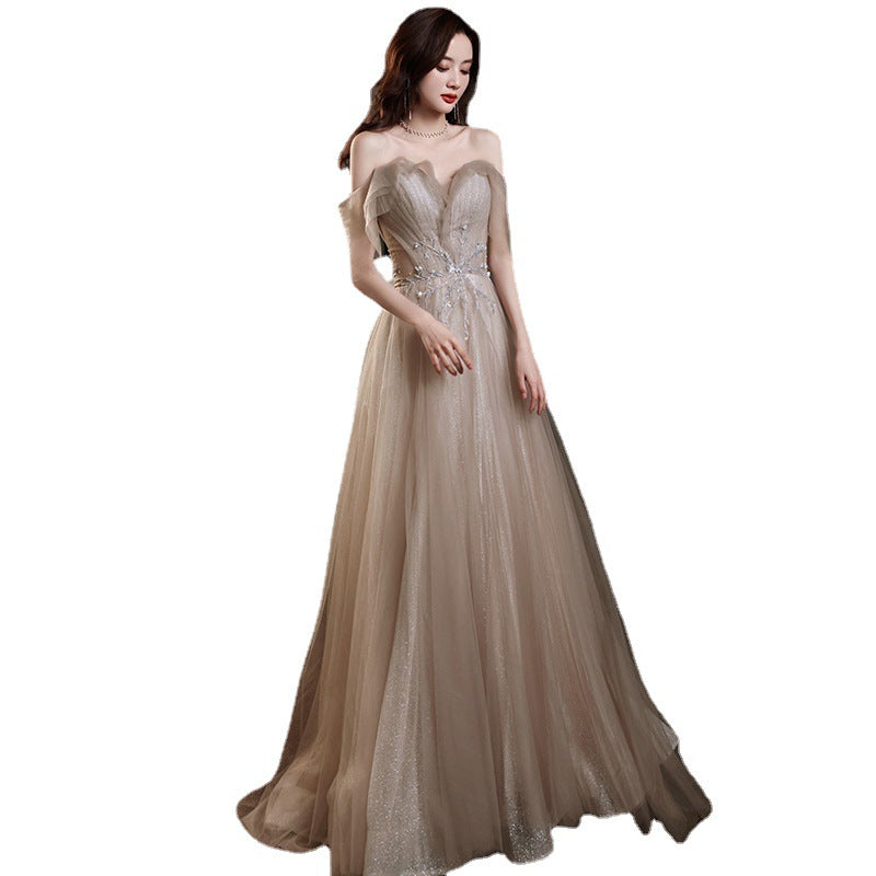 Banquet Evening Dress 2024 New off-Shoulder Dignified Socialite Champagne Dress Host Dinner Annual Meeting Gift