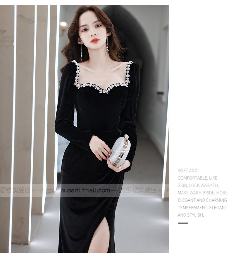 Black Evening Dress 2024 New Banquet Temperament Long Slim Fishtail Split Velvet Socialite Host's Dress