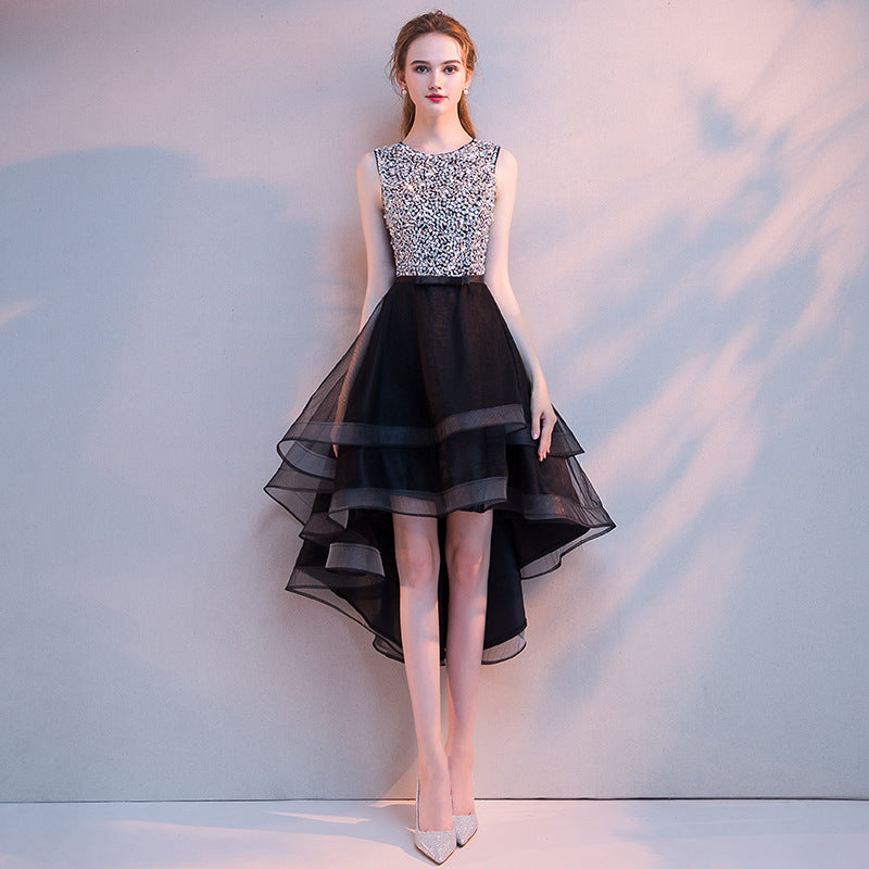 Black Evening Dress Women's New Banquet Noble Performance Front Short Back Long Host round Neck Sequins Small Dress Stage