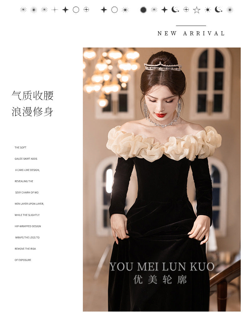 off-Shoulder Black Evening Dress 2024 New Banquet Temperament Host French Entry Lux Niche Long Sleeve Autumn and Winter