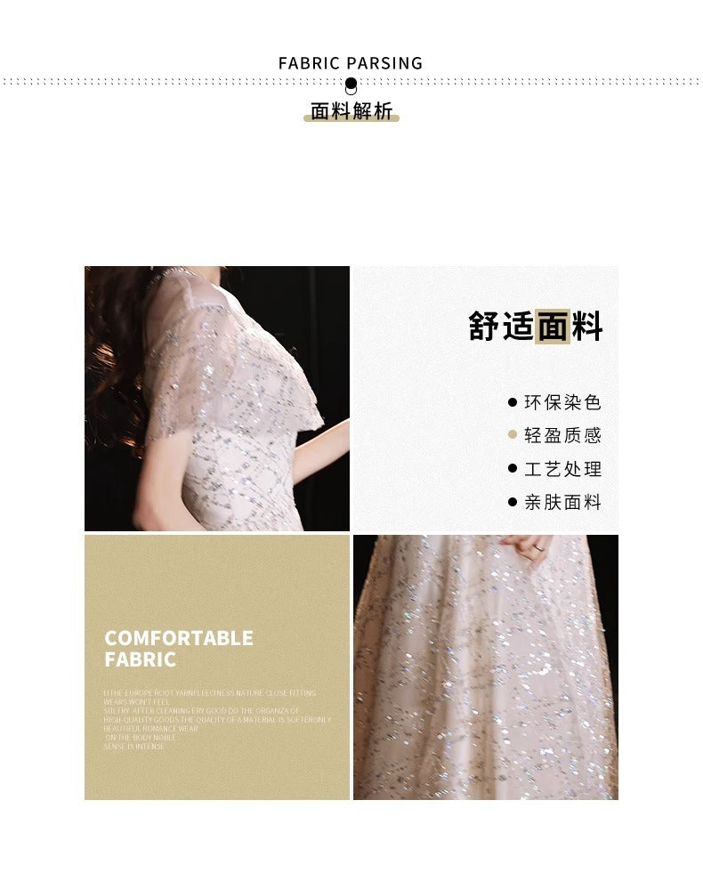 2024 New Sequined Evening Dress Women's High Sense Special Interest Light Luxury Banquet Temperament Annual Meeting Dinner Host