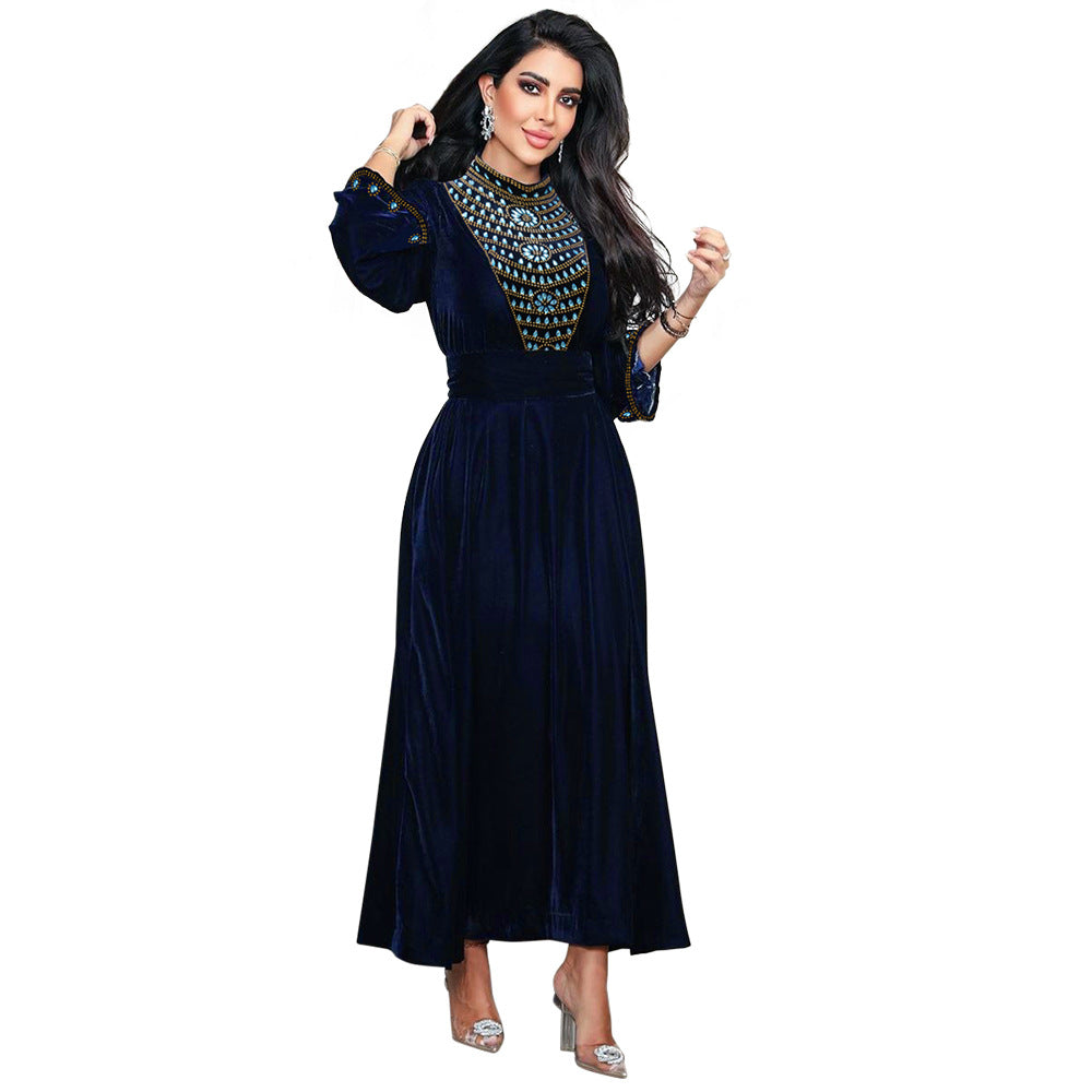 Xqy500219 Muslim Dubai Suede Dinner Dress Robe Blue Water Drop Rhinestone Jalabia Women's Clothing