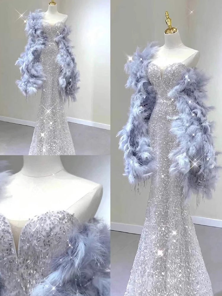 Engagement Tube Top Evening Dress for Women 2024 New Sexy Silver Paillette Fishtail Dress Feather Shawl Bridal Toast Dress