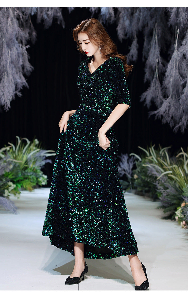 Green Sequins Annual Party Evening Dress Female 2024 Spring and Spring New Banquet Temperament Texture Host Long Dress