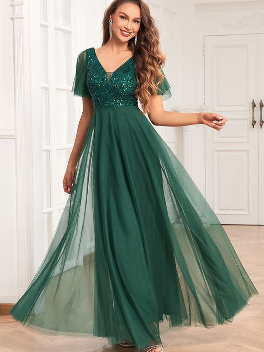 Evening Dress Short Sleeve GREEN Double V-neck Sequins Embroidery Stitching Long Party Dress Elegant A- line Tulle Dress H29293