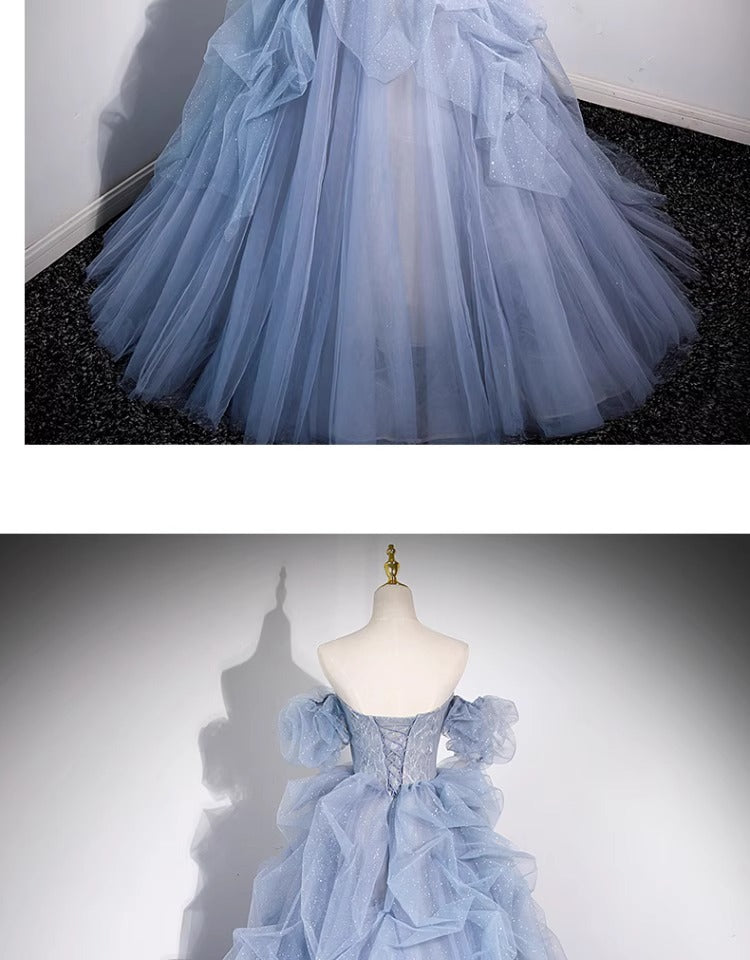 off-Shoulder Evening Dress Haze Blue Piano Performance Adult Ceremony Wedding Dress Bel Canto Solo Blue Gauze Skirt Art Test H2839