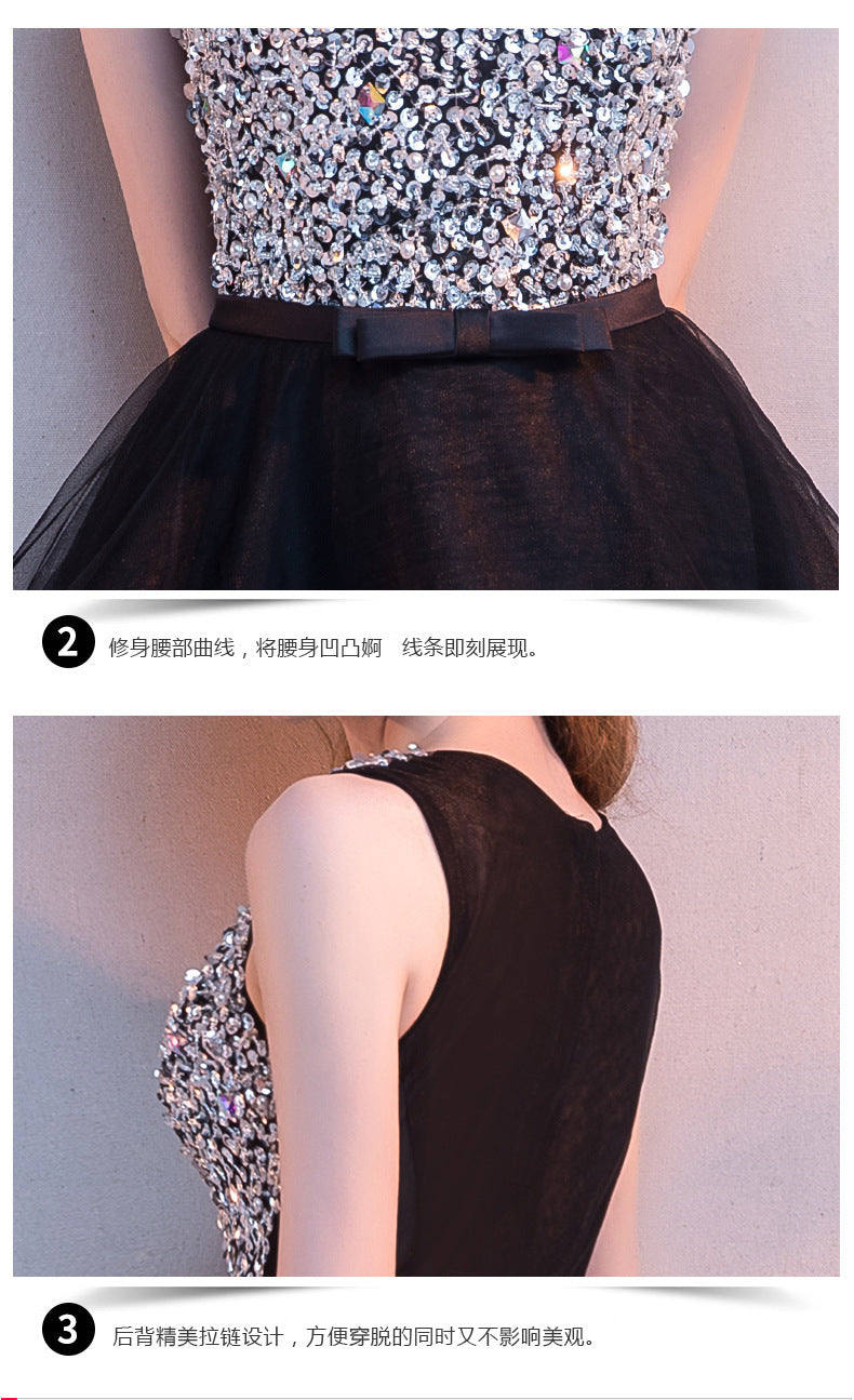 Black Evening Dress Women's New Banquet Noble Performance Front Short Back Long Host round Neck Sequins Small Dress Stage