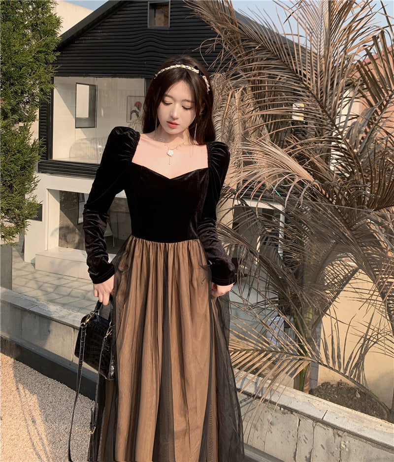 Black Vintage Velvet Dress Women's Autumn and Winter French Temperament Socialite Slim Fit Cinched Mesh Dress Long Skirt