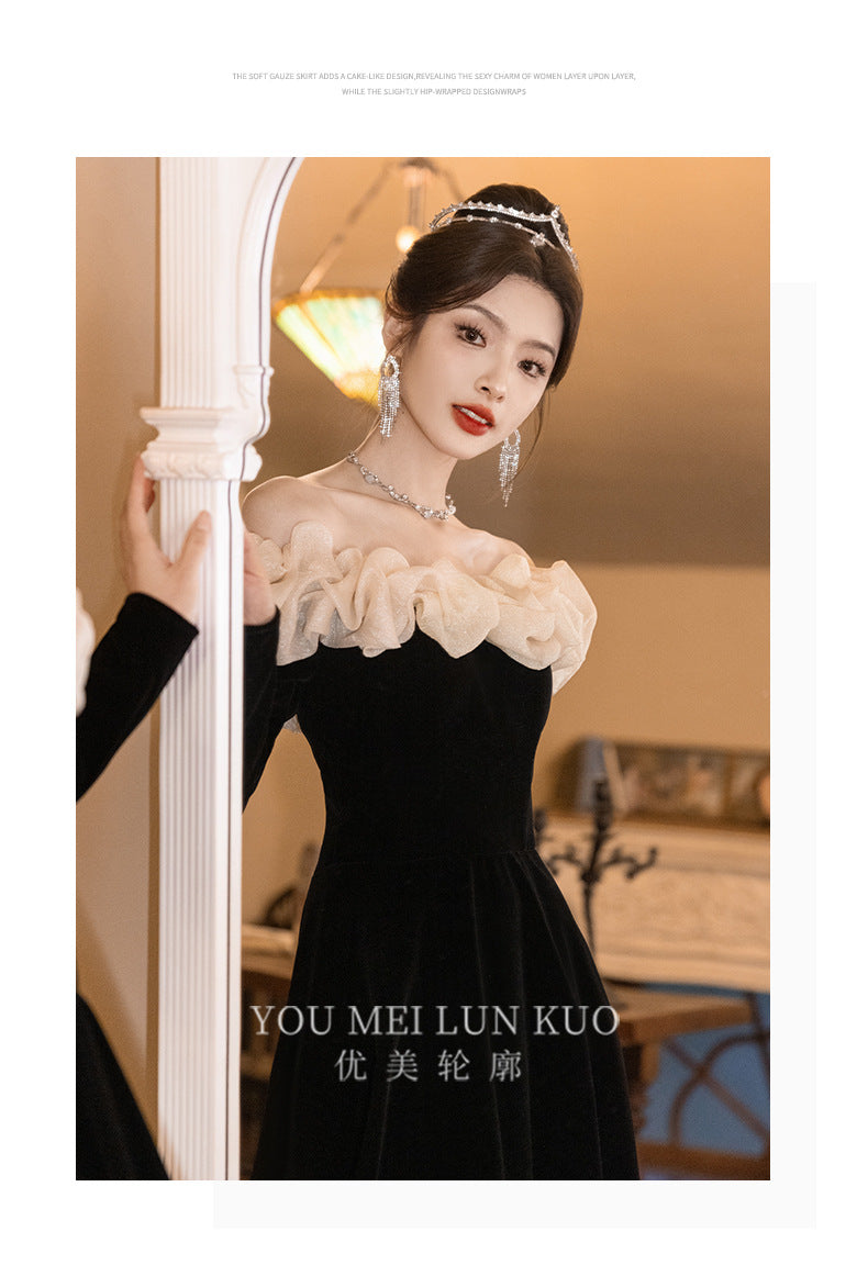 off-Shoulder Black Evening Dress 2024 New Banquet Temperament Host French Entry Lux Niche Long Sleeve Autumn and Winter