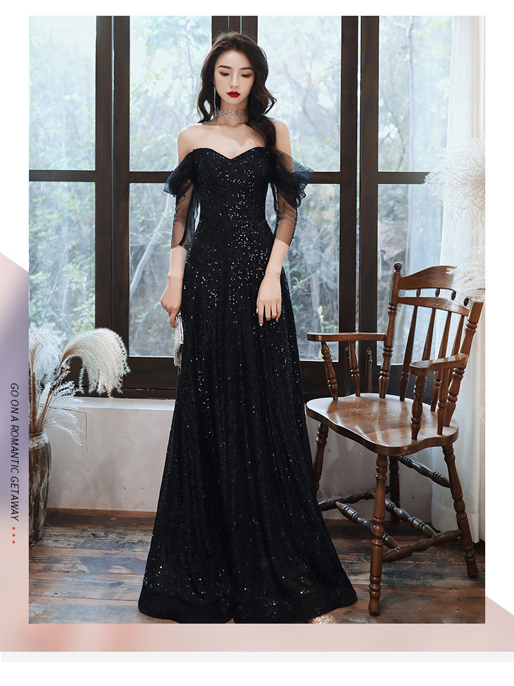 Black Evening Dress Host French Style 2024 New Women's Banquet Temperament Daily Style Slimming Queen Dress