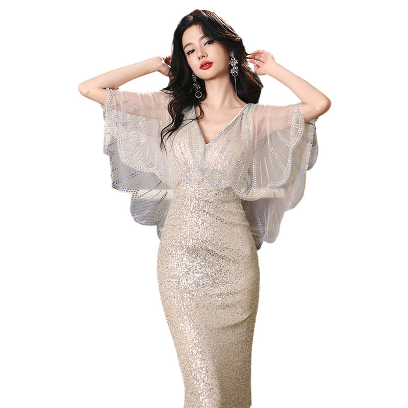 Silver V-neck Sequins Dress plus Size Shawl Fashion Minority Design Birthday Banquet Host Fishtail Dress
