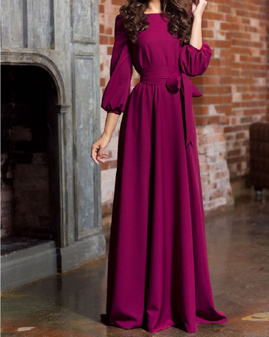 2022 New European and American round Neck Bohemian Retro Lantern Sleeve Long Casual Dress Dress