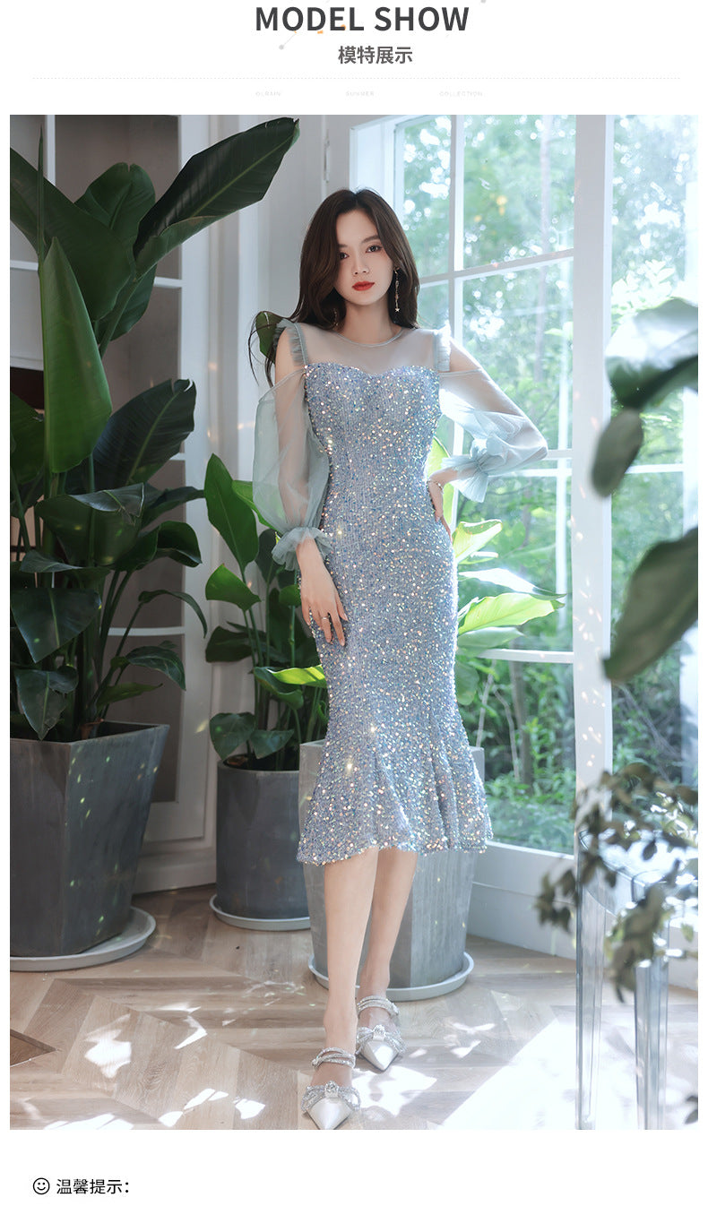 Fishtail Dress Evening Dress for Women Summer Long-Sleeve Elegant Daily Style Dress Host Temperament Banquet Dress