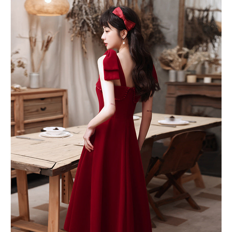 Toast Dress Bride Spring Short Small Wine Red Daily Style Back-to-Door Casual Wear Sling Female Engagement Dress