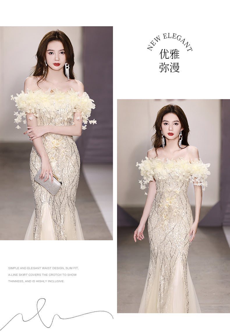 Fishtail Evening Dress 2024 off-Shoulder High-End Affordable Luxury Niche High-End Host Sequined Annual Meeting Dinner Flash