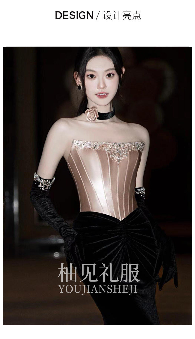 Morning Gowns Women's 2024 New High-Grade Bride Engagement Formal Dress Toast Clothing Black Small Tail Host Evening Dress