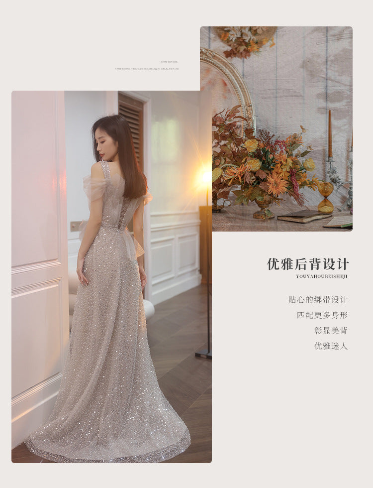 Evening Dress 2024 Autumn and Winter New Banquet Temperament Heavy Industry Light Wedding Dress Engagement Dress Toast Dress Host