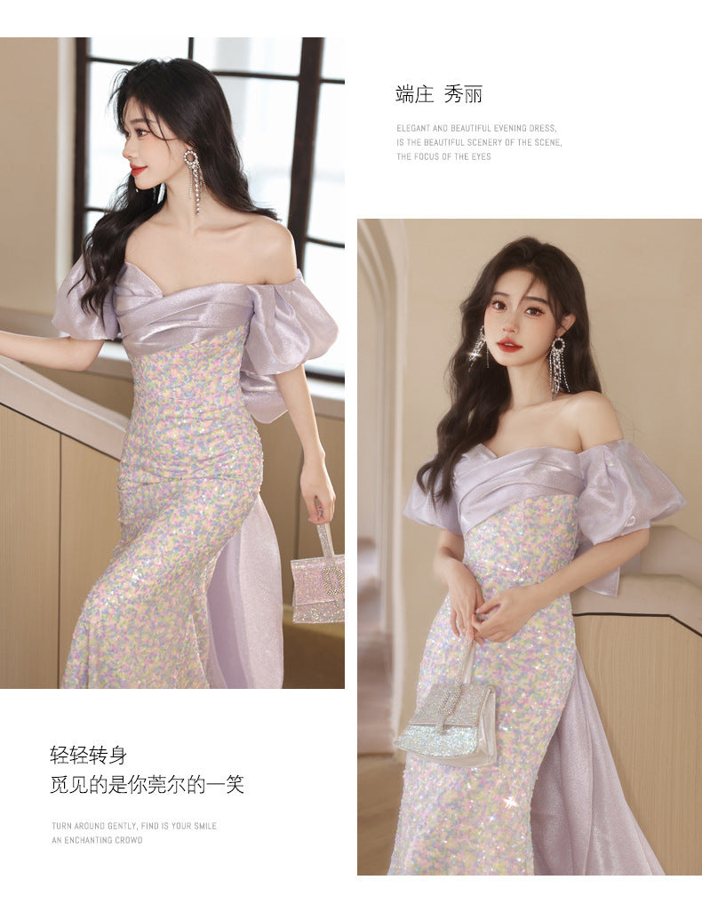 off-Shoulder Evening Dress for Women 2024 New Autumn Light Luxury Minority High-End Ladies Annual Meeting Host Banquet Dress