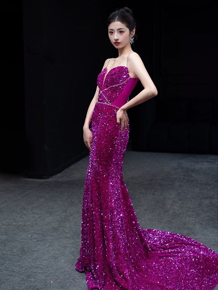 French Style Fishtail Toast Dress Bride High-Grade Sequined Evening Dress Morning Gowns Strap Engagement Dress Banquet Host Women