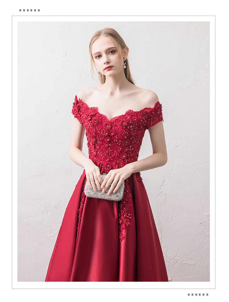 off-Shoulder Wine Red Toast Dress Bride 2024 New Marriage Engagement Wedding Family Visiting Shoes Banquet Evening Dress