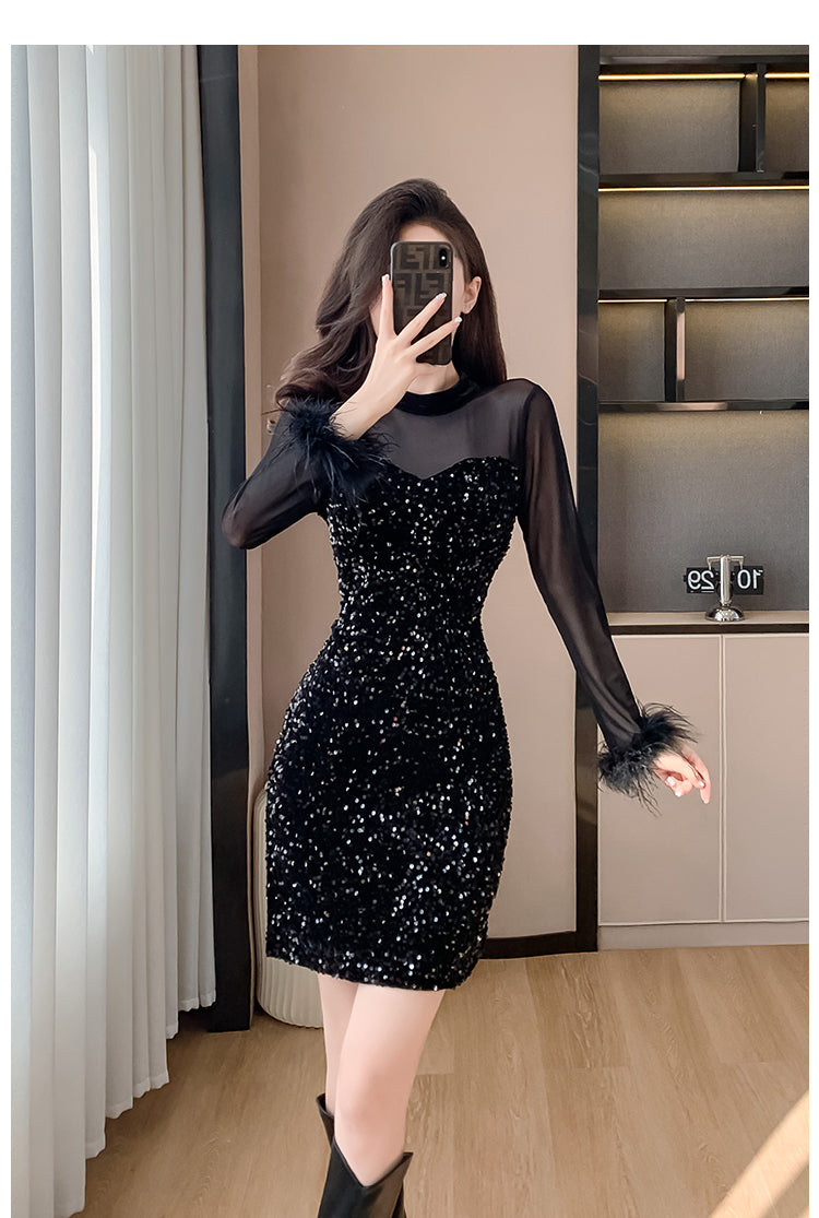 2023 Mesh Stitching Sequins Dress Women's French Entry Lux Sexy Waist Trimming Banquet Dress Sheath Black Dress