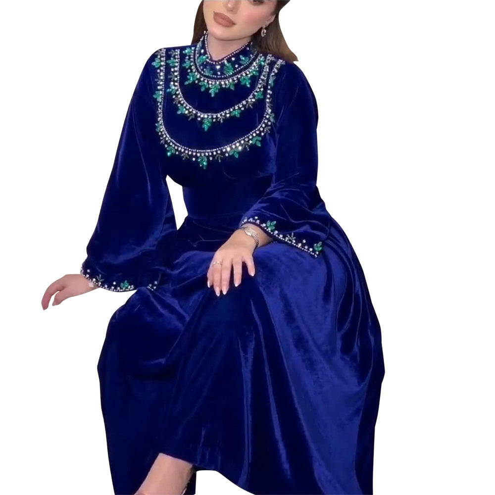 Xqy500249 Saudi Arabia Abaya Robe Velvet Zipper Green Drop-Shaped Diamond Middle East Dress