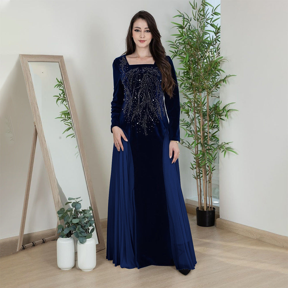 Xqy500222 Dubai Arabic Muslim Korean Velvet Chiffon Stitching Rhinestone Evening Dress Jalabia Women's Dress