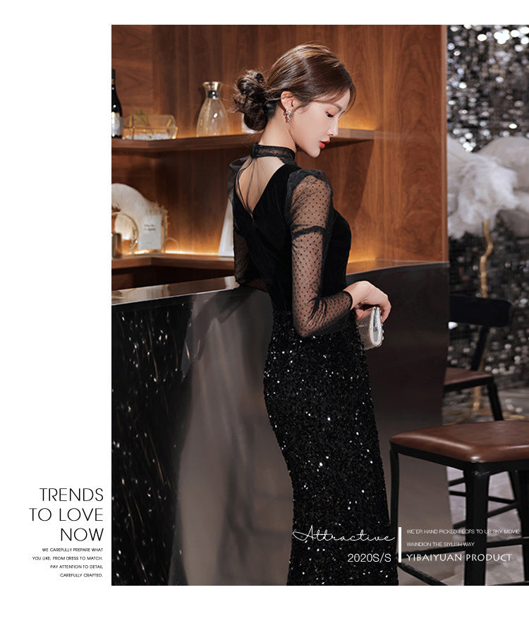 Black Velvet Evening Dress 2024 New Temperament Banquet Fishtail Vocal Dress Art Exam Long Sleeve Host Clothing