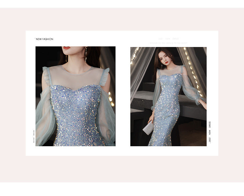 Fishtail Dress Evening Dress for Women Summer Long-Sleeve Elegant Daily Style Dress Host Temperament Banquet Dress