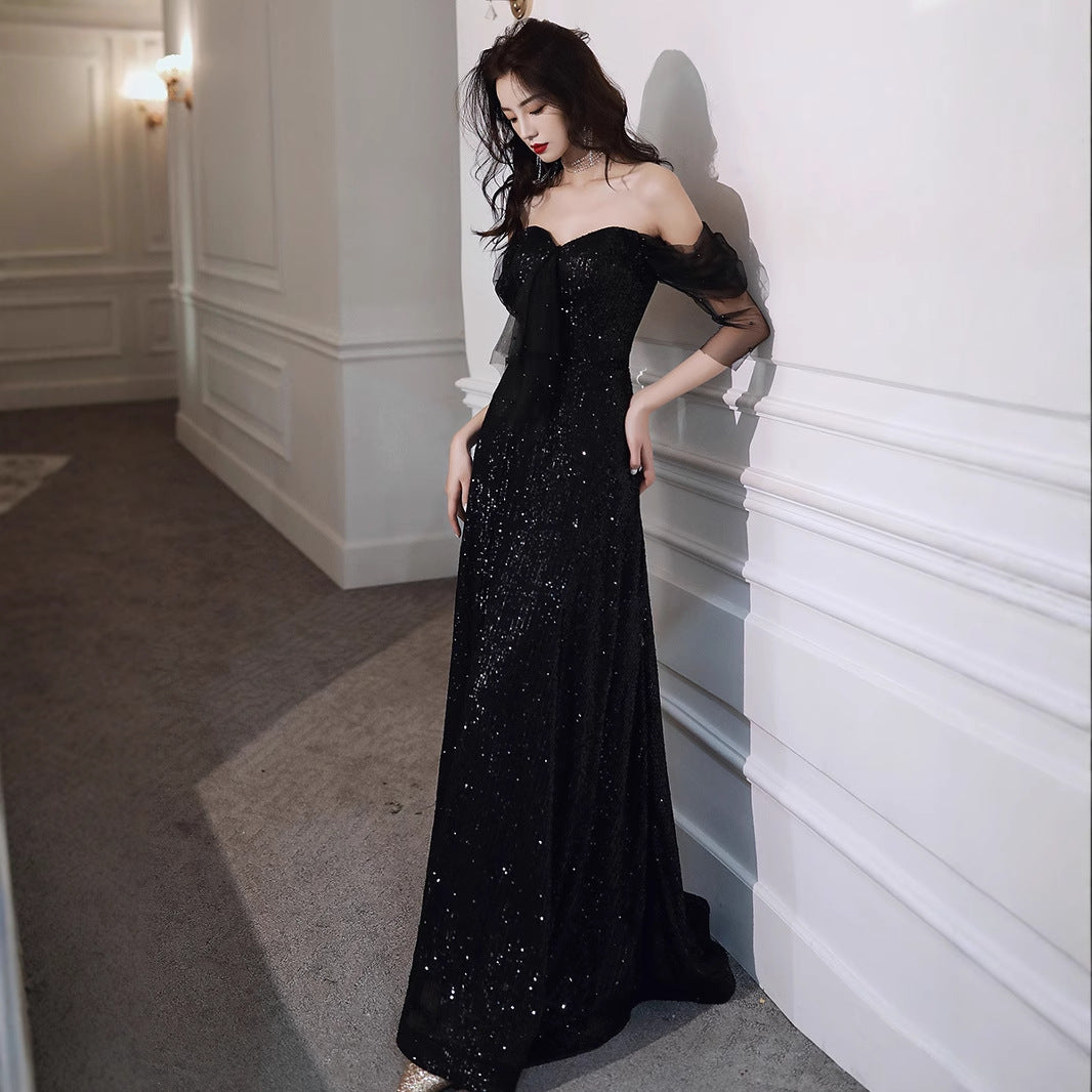 Black Evening Dress Host French Style 2024 New Women's Banquet Temperament Daily Style Slimming Queen Dress