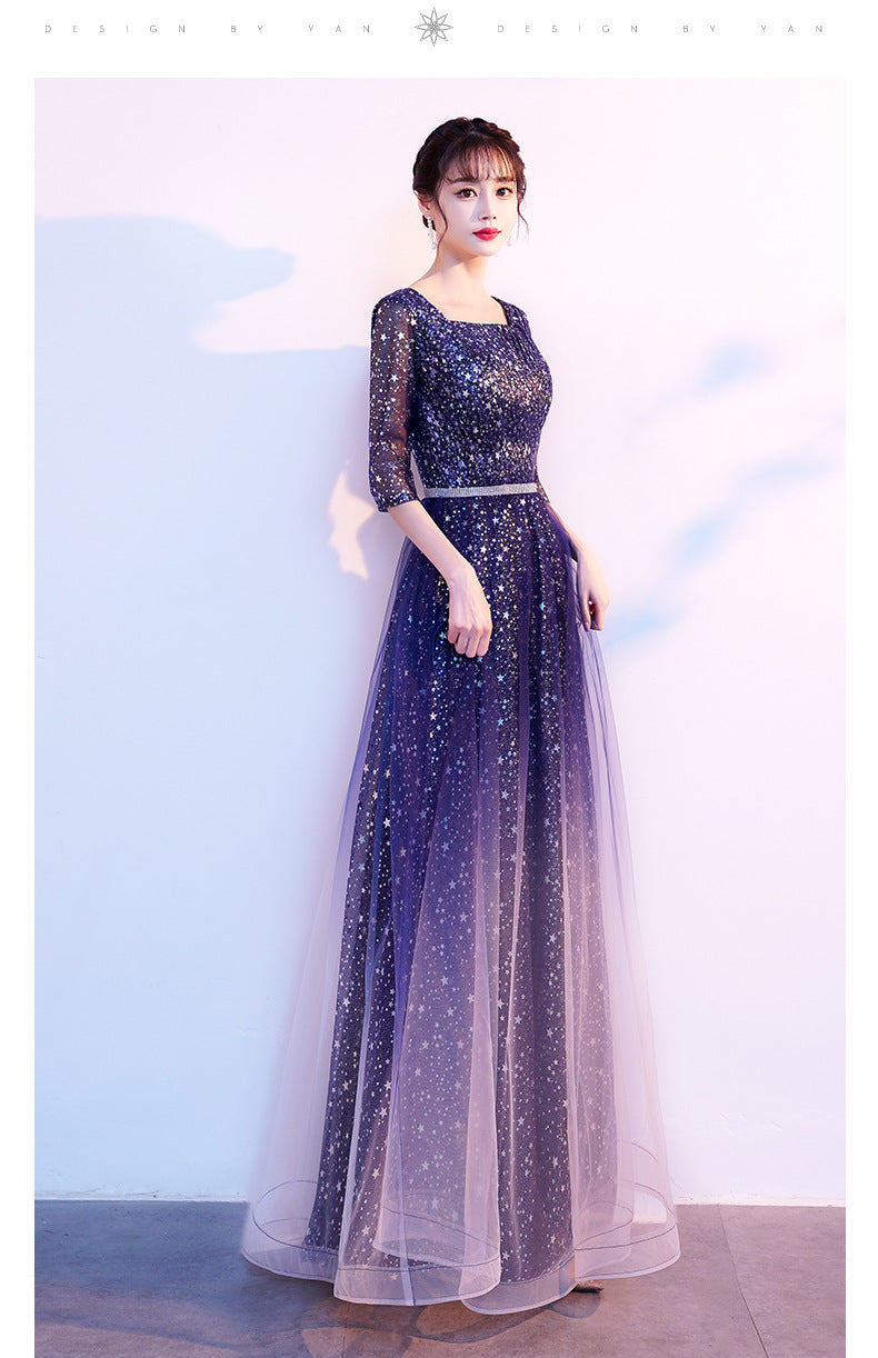 Starry Evening Dress Female Banquet Temperament Daily Style Square Collar Host Chorus Costume Summer Student