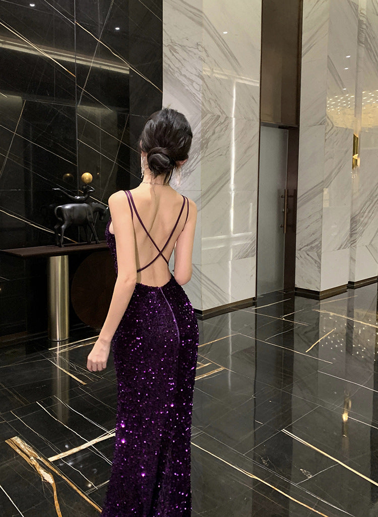 2024 New Small Dress High-Grade Temperament Socialite Heavy Embroidery Sequins Purple Bare Back Sling Dress