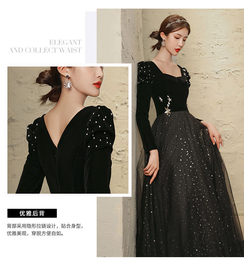 Banquet Evening Dress 2024 New Black Ladies Long Sleeves Graceful Formal Dress Host Performance Dinner Annual Meeting Gift