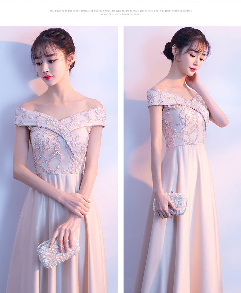 Banquet Evening Dress 2024 Autumn New Korean Style Elegant off-Shoulder Long Slimming Bridesmaid Dress for Women