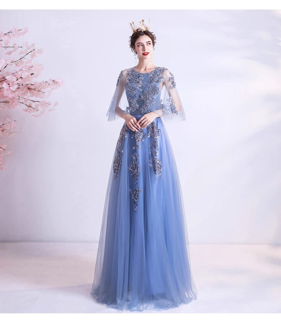 Blue Veils Slimming Banquet Annual Meeting Stage Performance Host Wedding Dress Evening Gown 273