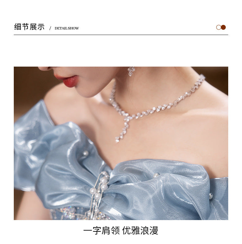 off-Shoulder Blue Evening Dress 2024 New High-End Beautiful Light Luxury Minority Host High Sense Annual Meeting Women