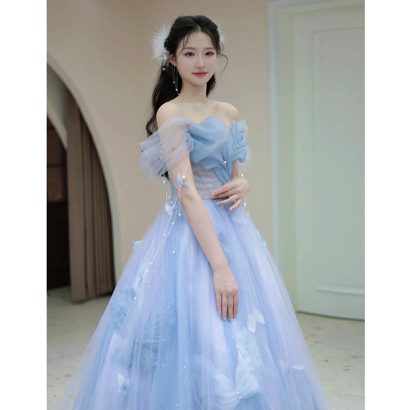 Blue Banquet Evening Dress for Women 2024 New High-Grade Princess on the Run Toast Dress Fairy Light Luxury Annual Meeting Dress