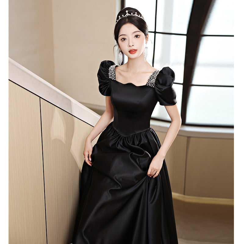 Black Evening Dress Women's Satin High Sense High-End Affordable Luxury Niche Banquet Adult Ceremony Temperament Host Art Test