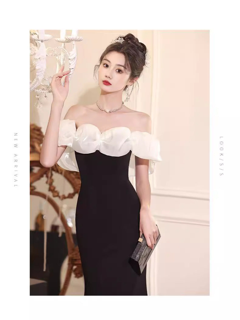 Beautiful off-Shoulder Evening Dress for Women 2024 New High-Grade Light Luxury Minority Banquet Host Elegant Fishtail Dress