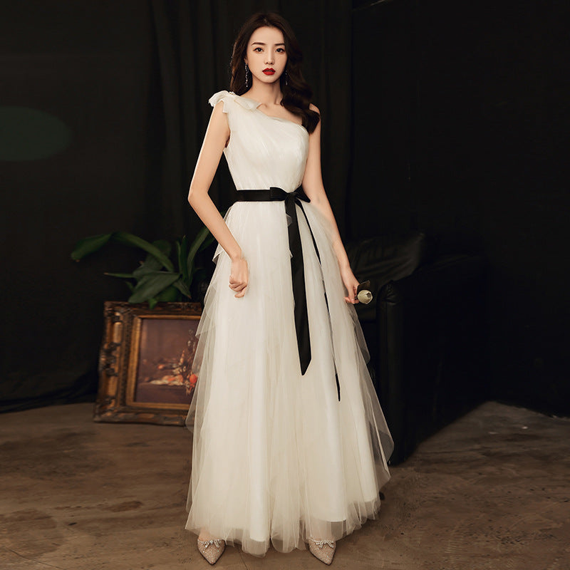 Annual Party Evening Dress Women's 2024 Belt Oblique Shoulder Design Socialite Host Dress Temperament Piano Performance Dress