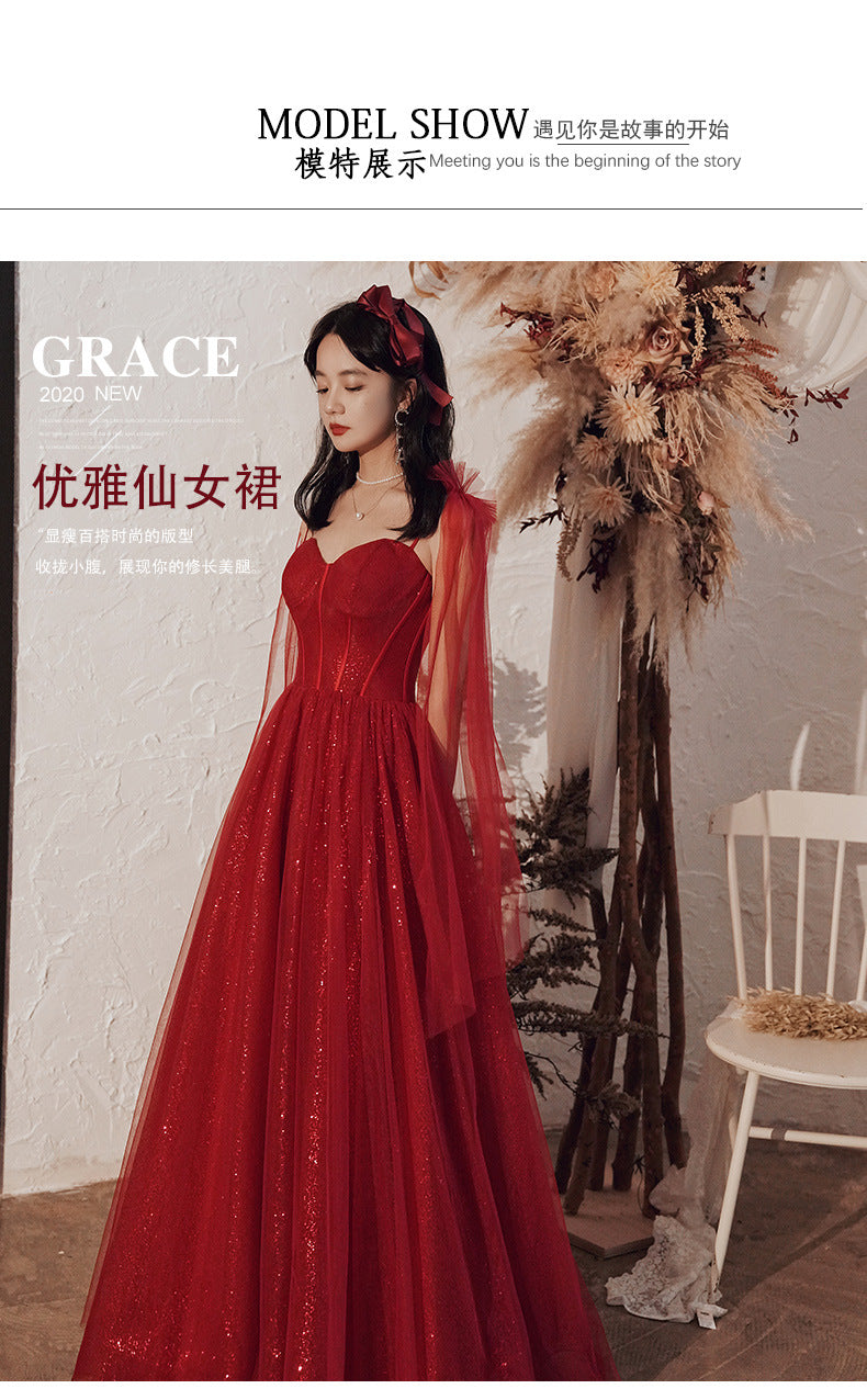 Toast Dress Bride Wine Red 2024 New Temperament Camisole Slimming Engagement Wedding Banquet Host Little Evening Dress