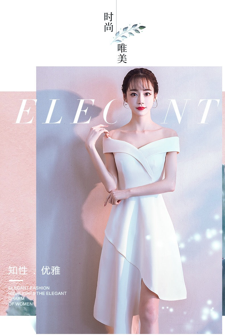 White Little Dress 2024 New Off-Shoulder Mid-Length Elegant Fashion Slim Fit Host Party Gathering Annual Meeting