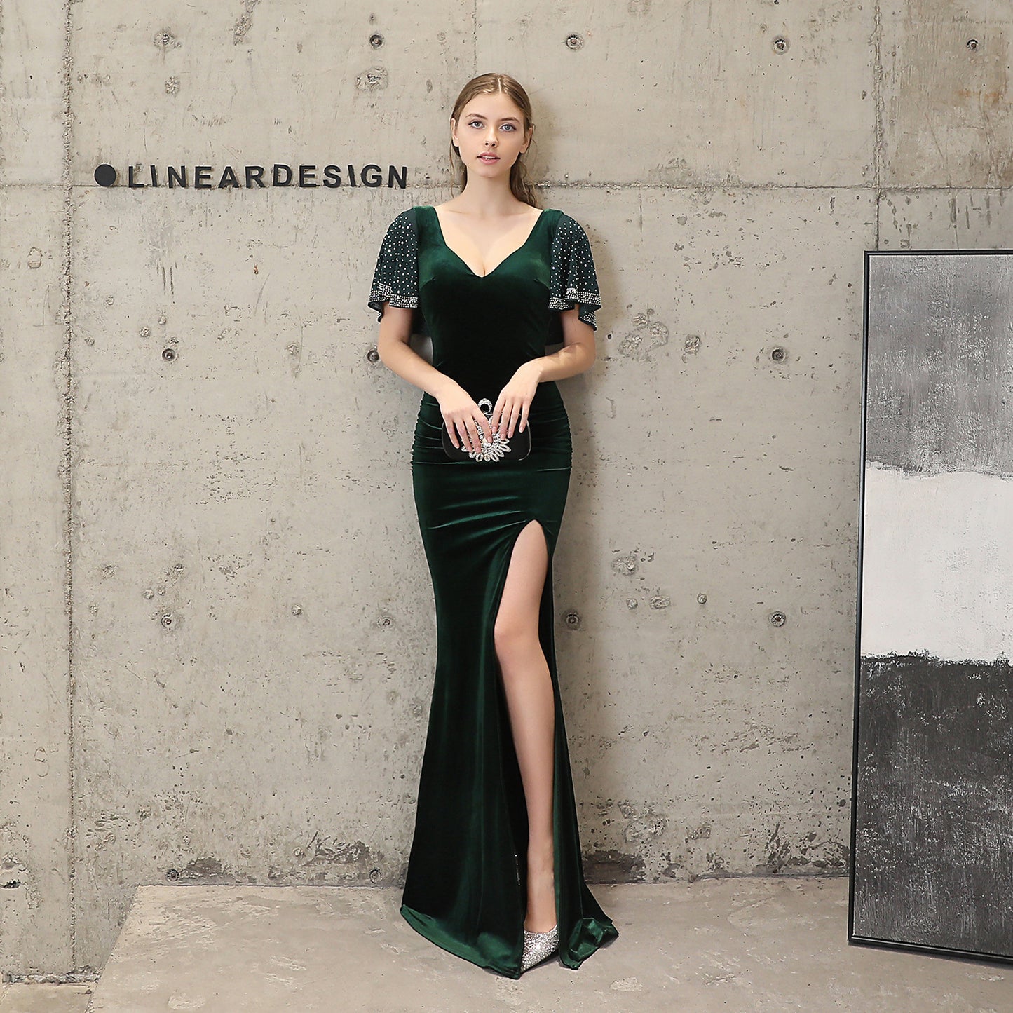 18110# Velvet Sequin Rhinestone Fishtail Banquet Elegant Graceful Annual Meeting Host Car Model Party Formal Dress Female Winter