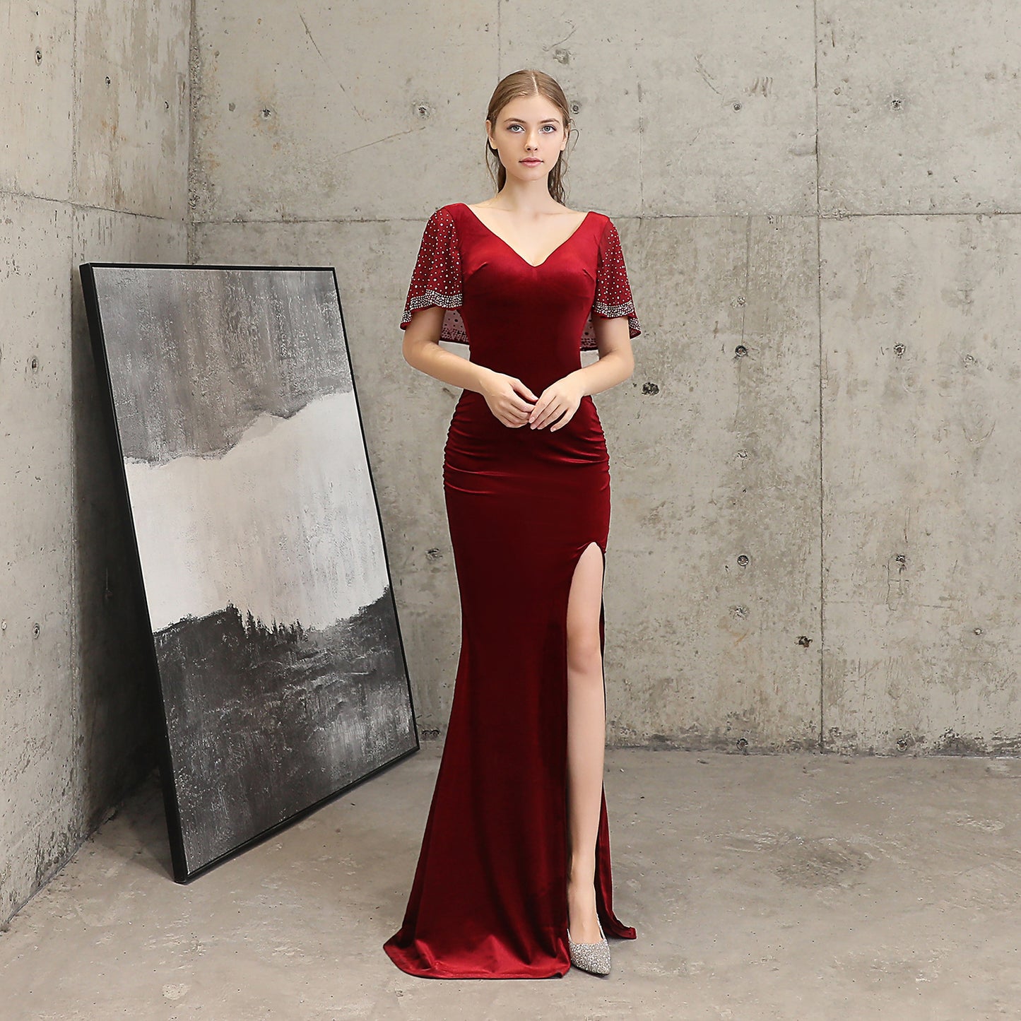 18110# Velvet Sequin Rhinestone Fishtail Banquet Elegant Graceful Annual Meeting Host Car Model Party Formal Dress Female Winter