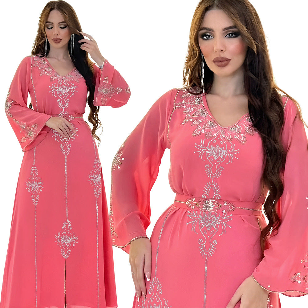 Xqy500176 Saudi Arabia Dubai Fashion Rhinestone Dress Summer Chiffon Robe Middle East Women's Dress