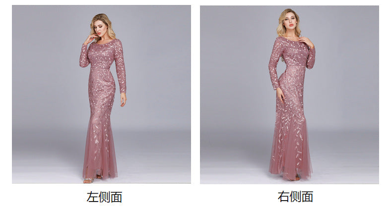 2024 Europe and America Cross Border Hot Selling Long Sleeve round Neck Back Zipper Fishtail Dress Banquet Evening Dress for Women in Stock