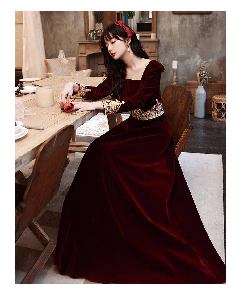 Wedding Toast Dress 2024 New Velvet Wine Red Long Bride Long Evening Dress Autumn Elegant Toast